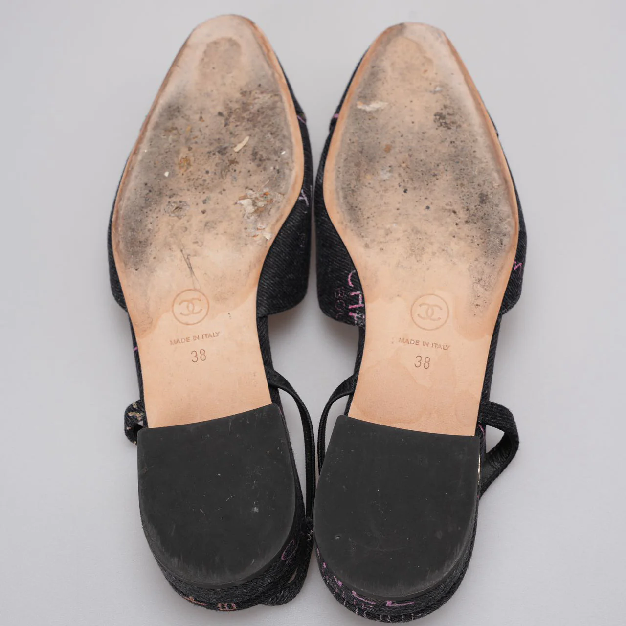 Chanel Black Denim Slingback Mademoiselle Coco Flat size 38