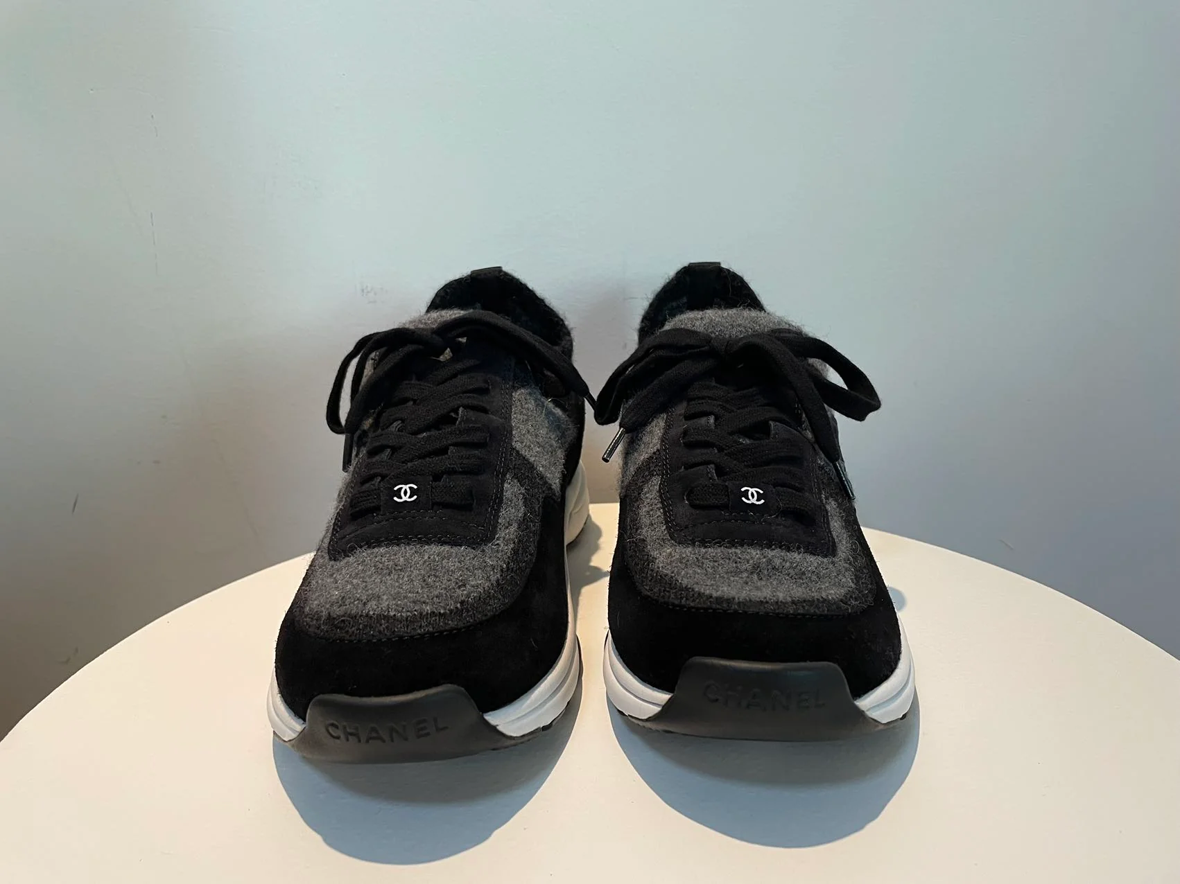 used-CHANEL Fabric Suede Calfskin Womens CC Sneakers size 42 in Grey and Black-MILOURA