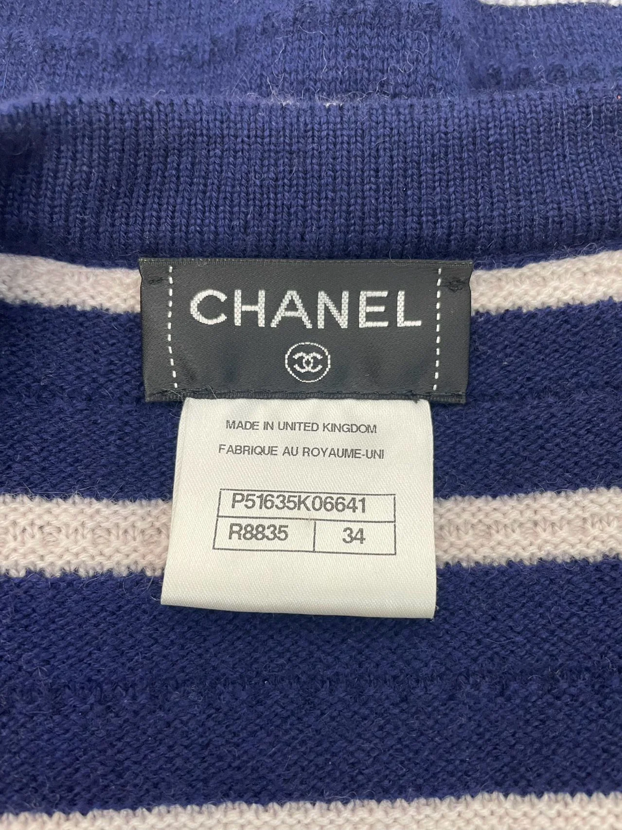 used-CHANEL cashmere Striped Dress in Navy Blue and White FR 34-MILOURA