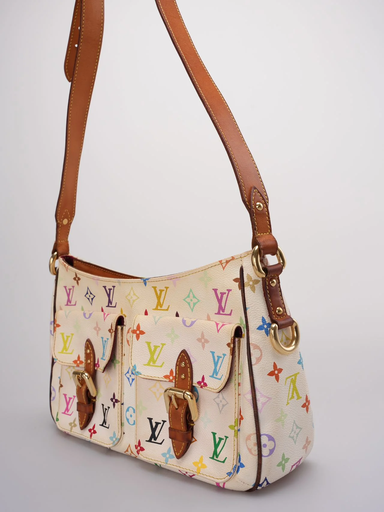 used-Louis Vuitton Takashi Murakami White Multicolore Monogram Coated Canvas Petit Noe Bag Gold Hardware-MILOURA