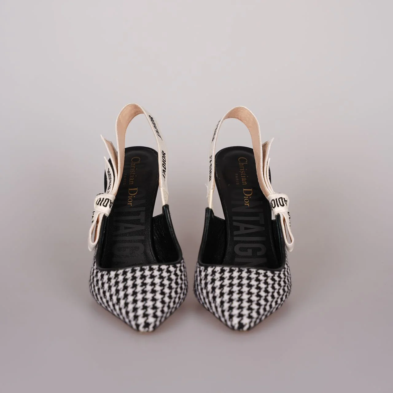 used-Christian Dior Wool Ribbon Houndstooth J'Adior Slingback 8cm Pumps 38D Black White-MILOURA