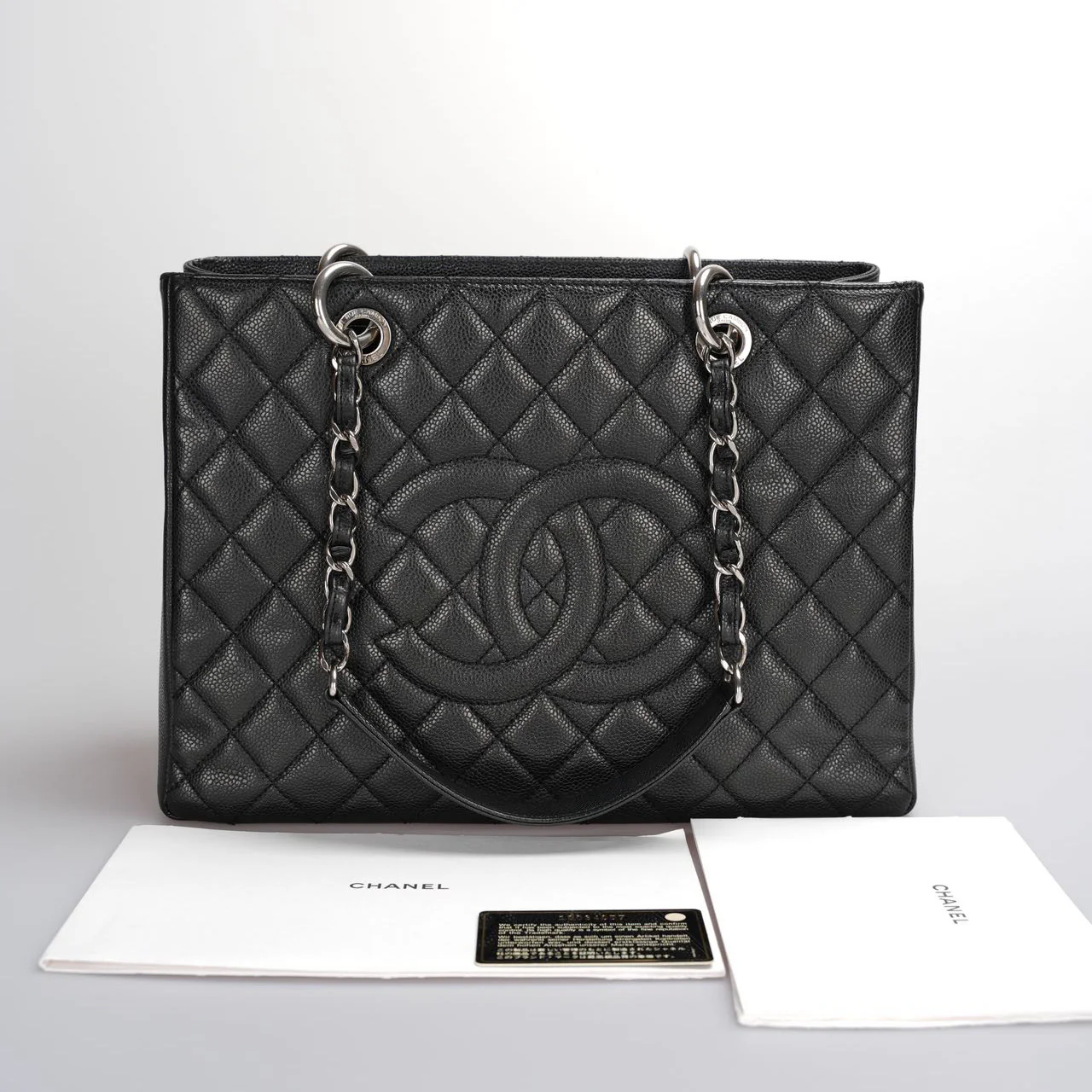 used-Chanel Black Quilted Caviar Leather GST Bag with Silver Hardware-MILOURA