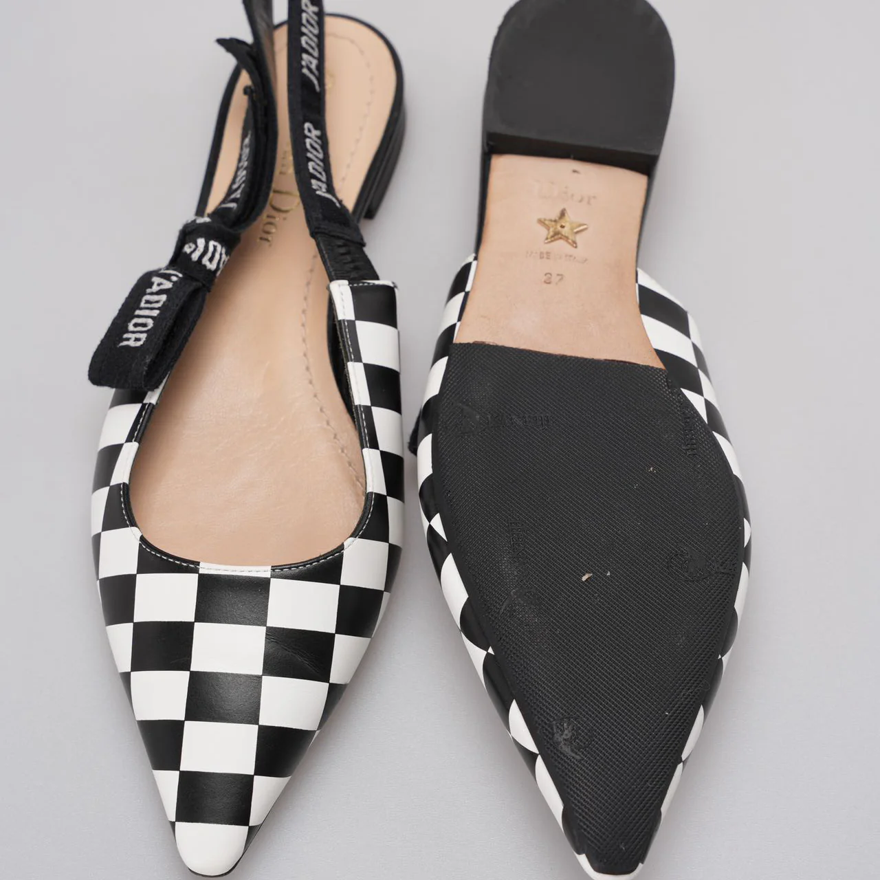 Christian Dior Calfskin Ribbon Checker Print J'Adior SlingBack Flats In Black and White Size 37