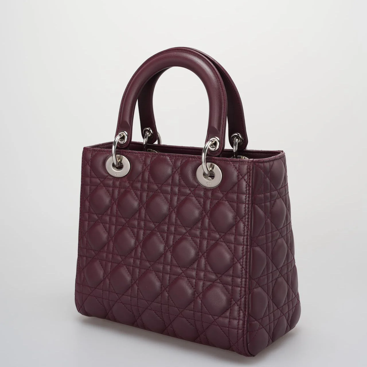 used-Christian Dior Burgundy Lady Dior Bag in Cannage Lambskin Leather with Silver Hardware Medium-MILOURA