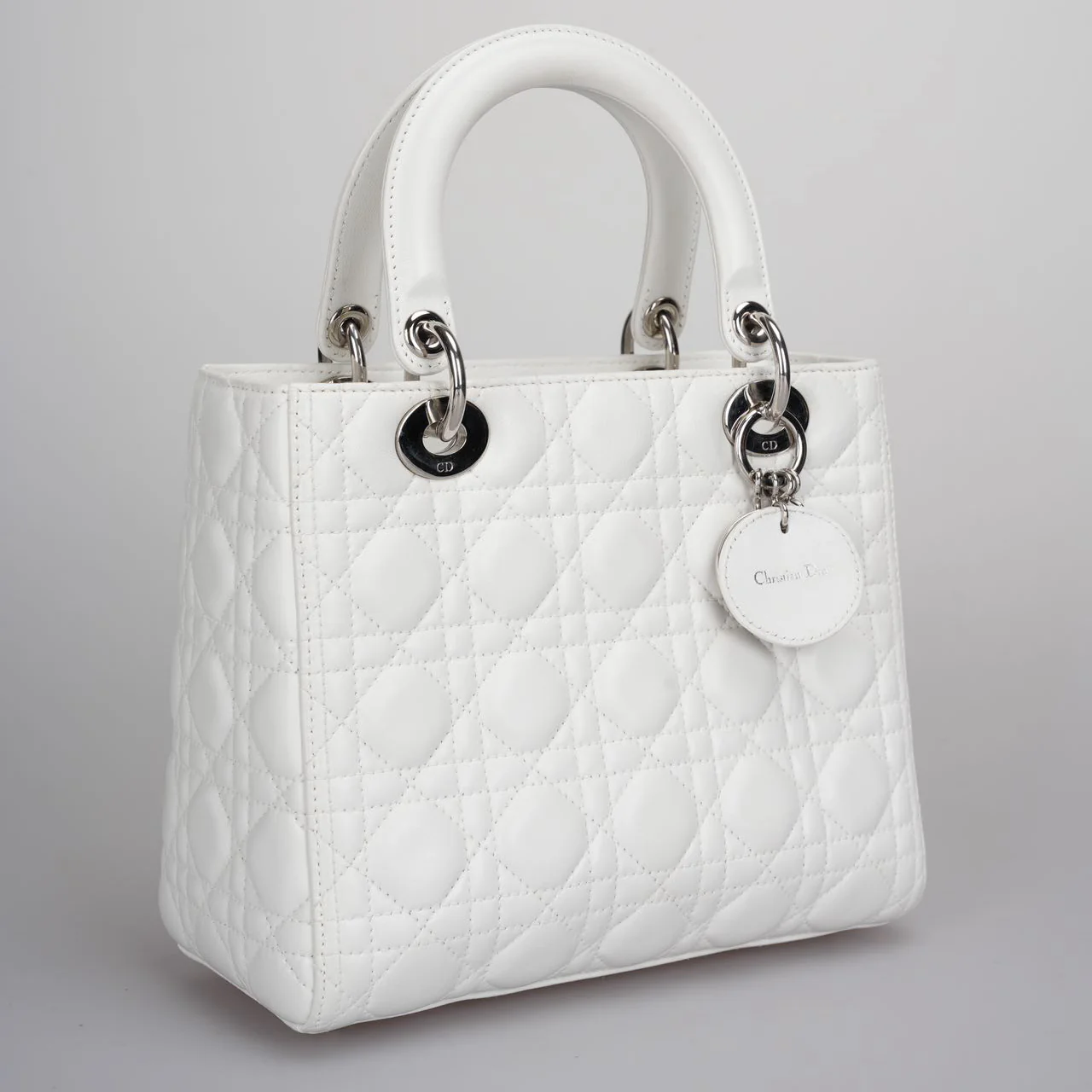 used-Christian Dior White Medium Lady Dior Bag in Cannage Lambskin Leather with Silver Hardware-MILOURA