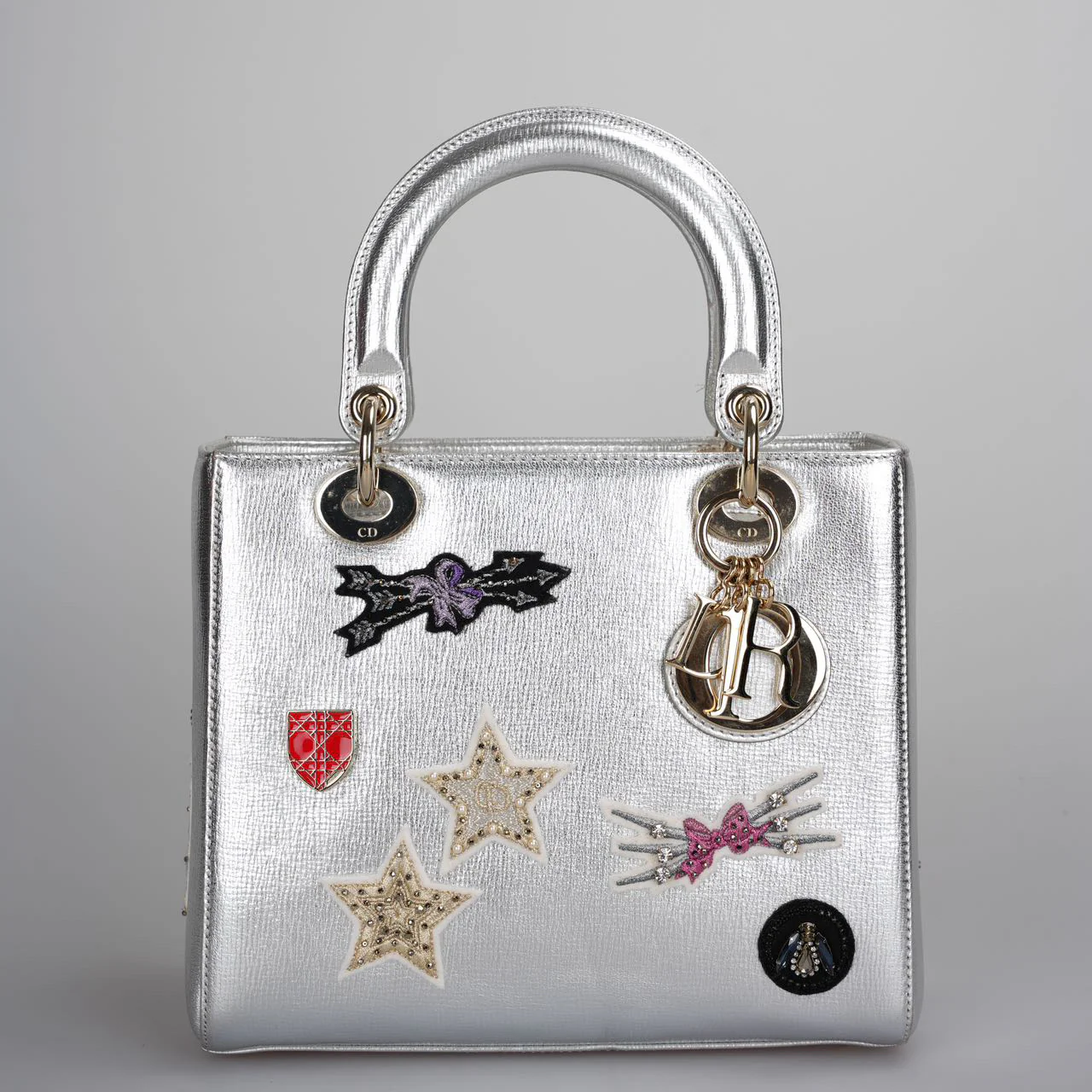 used-Christian Dior Leather Lady Dior Shoulder Bag in Silver-MILOURA