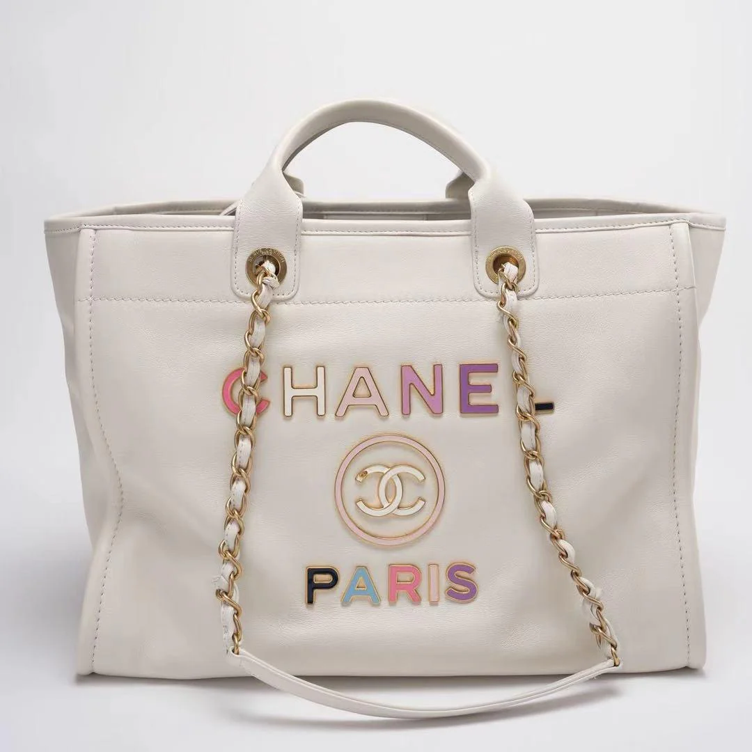 Chanel Deauville Tote Bag With Pouch Enamel White Calfskin Leather Multicolour (2022SS) Limited Edition