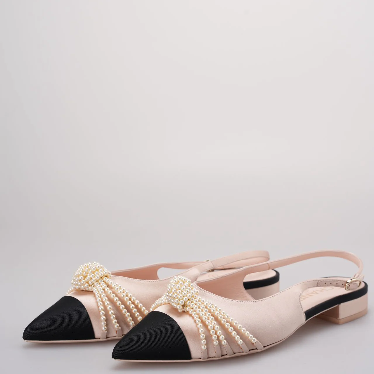 used-Chanel Satin Grosgrain Pearl Slingback Flats Pink/Black Size 38-MILOURA