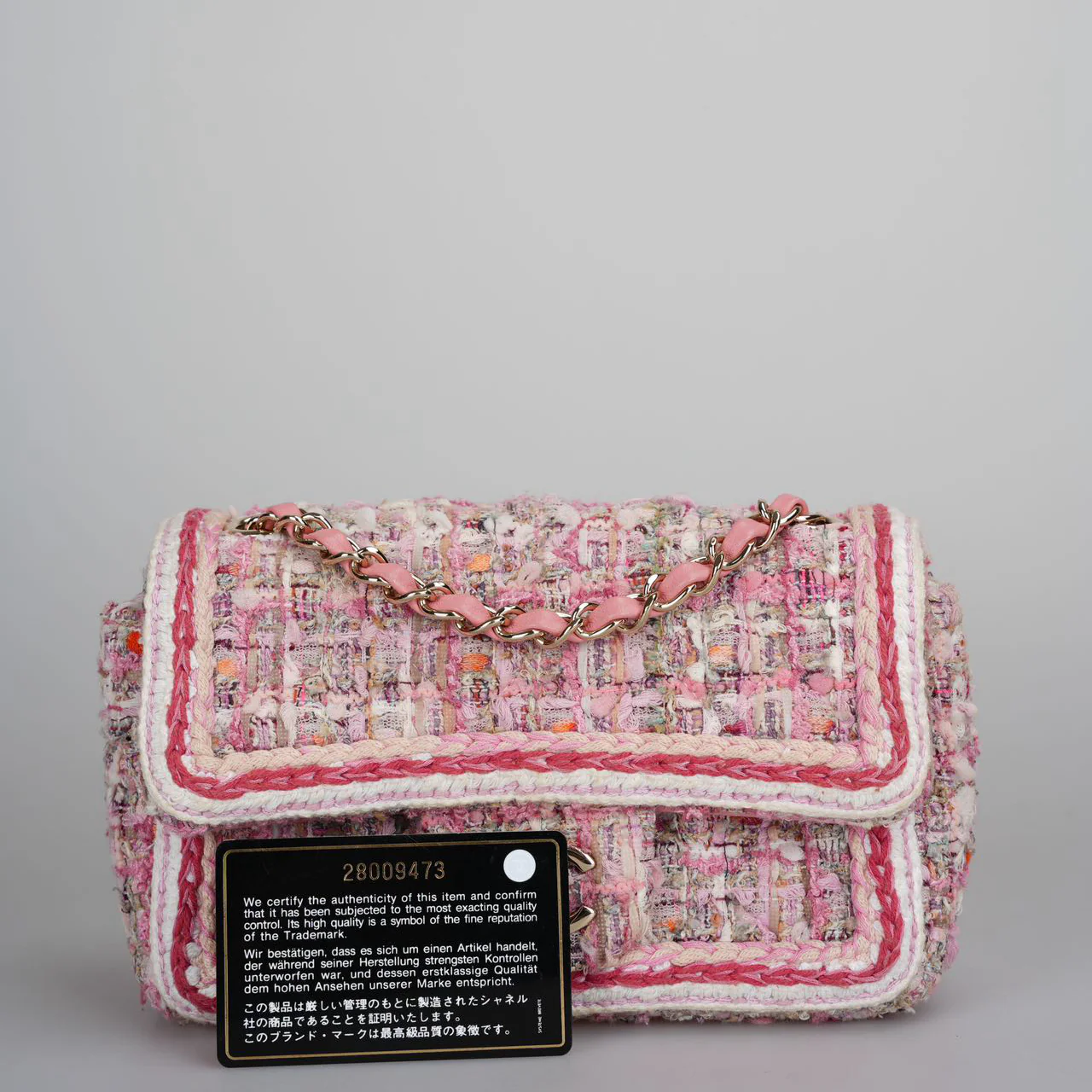 used-Chanel Timeless Tweed Mini Flap Bag in White and Pink With Gold Hardware-MILOURA