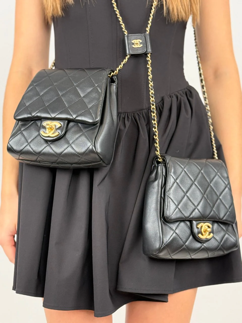 used-Chanel Lambskin Quilted Side Packs Black small double bag with pearls chain with cc logo-MILOURA