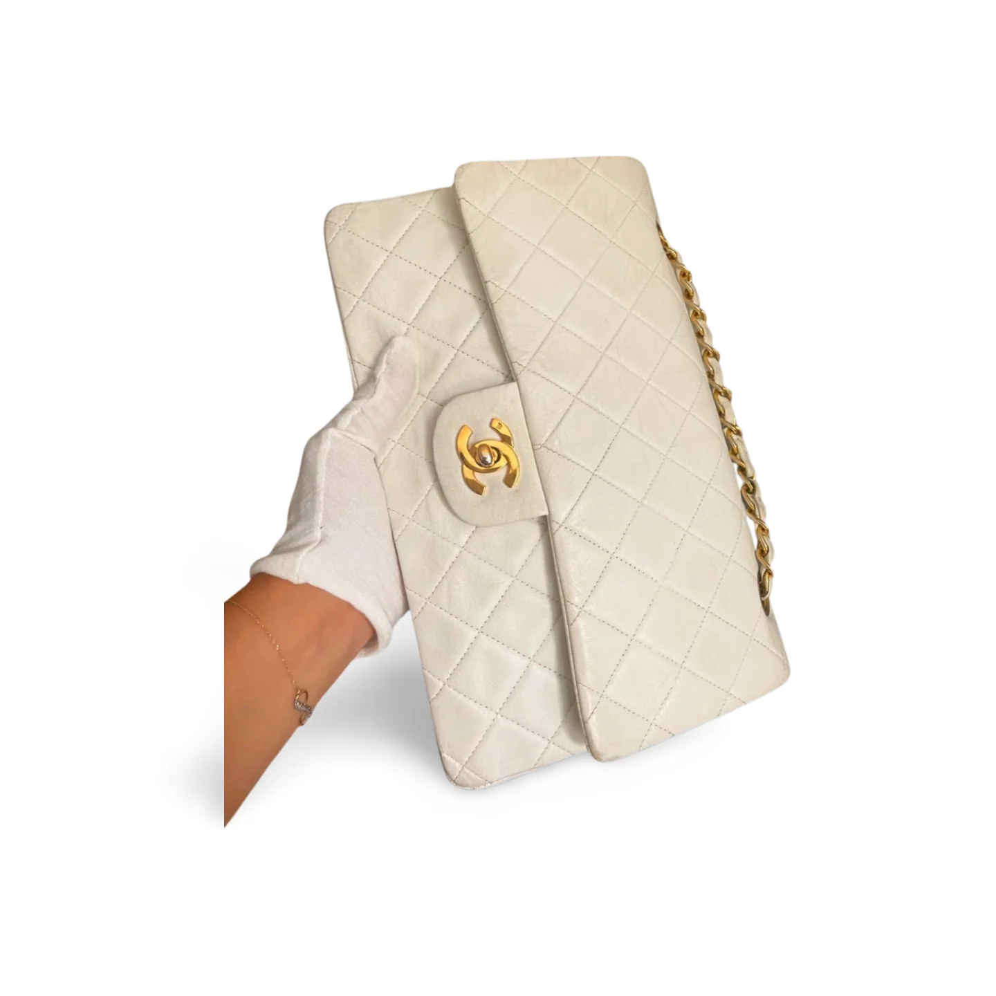 used-Chanel White Vintage Medium Classic Flap Bag in Lambskin Leather with 24K Gold Hardware-MILOURA