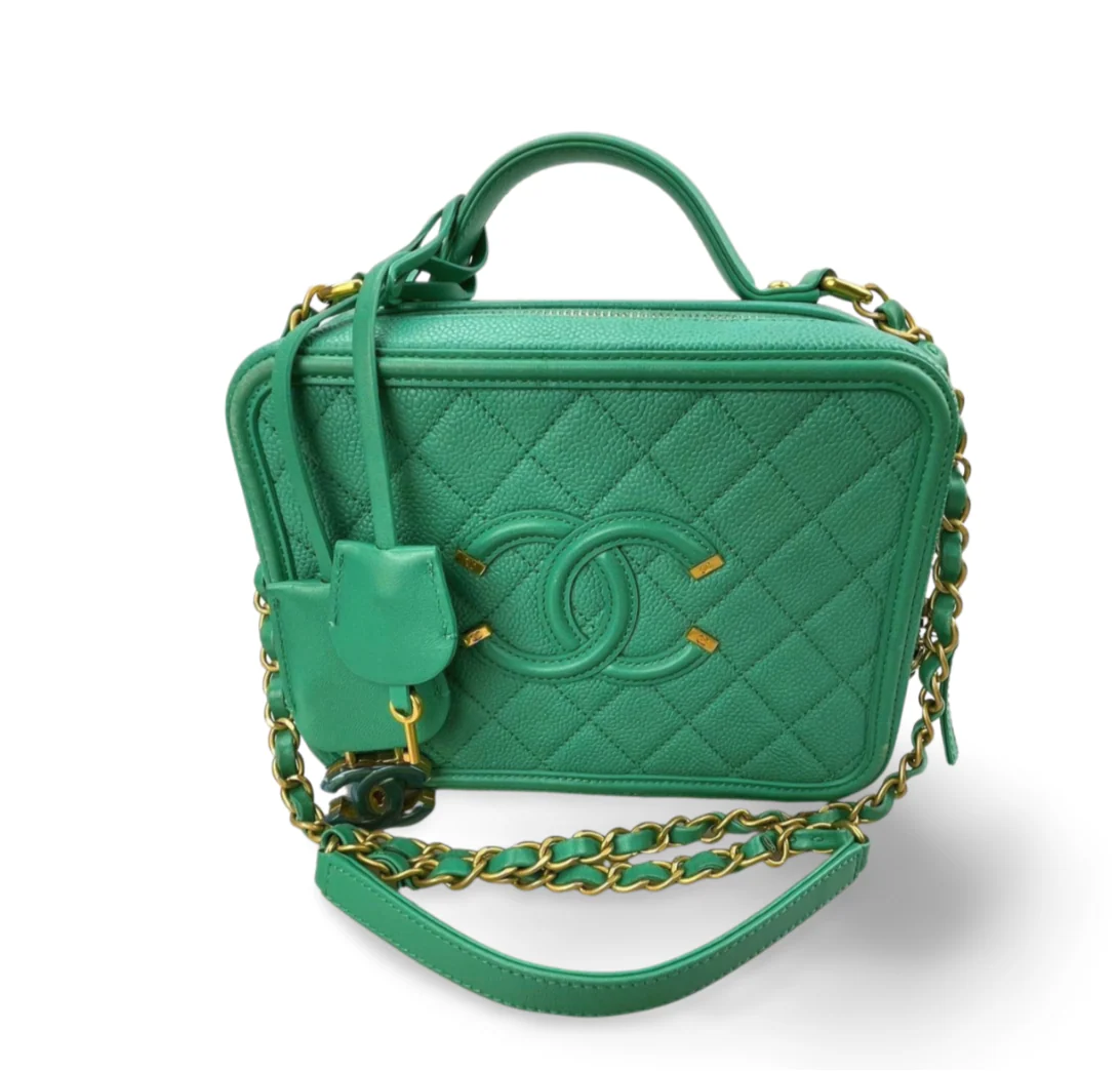 Chanel Vanity Case Bag in Caviar Leather Brushed Gold Hardware Mint Green Medium - Best Replica Bag Shop