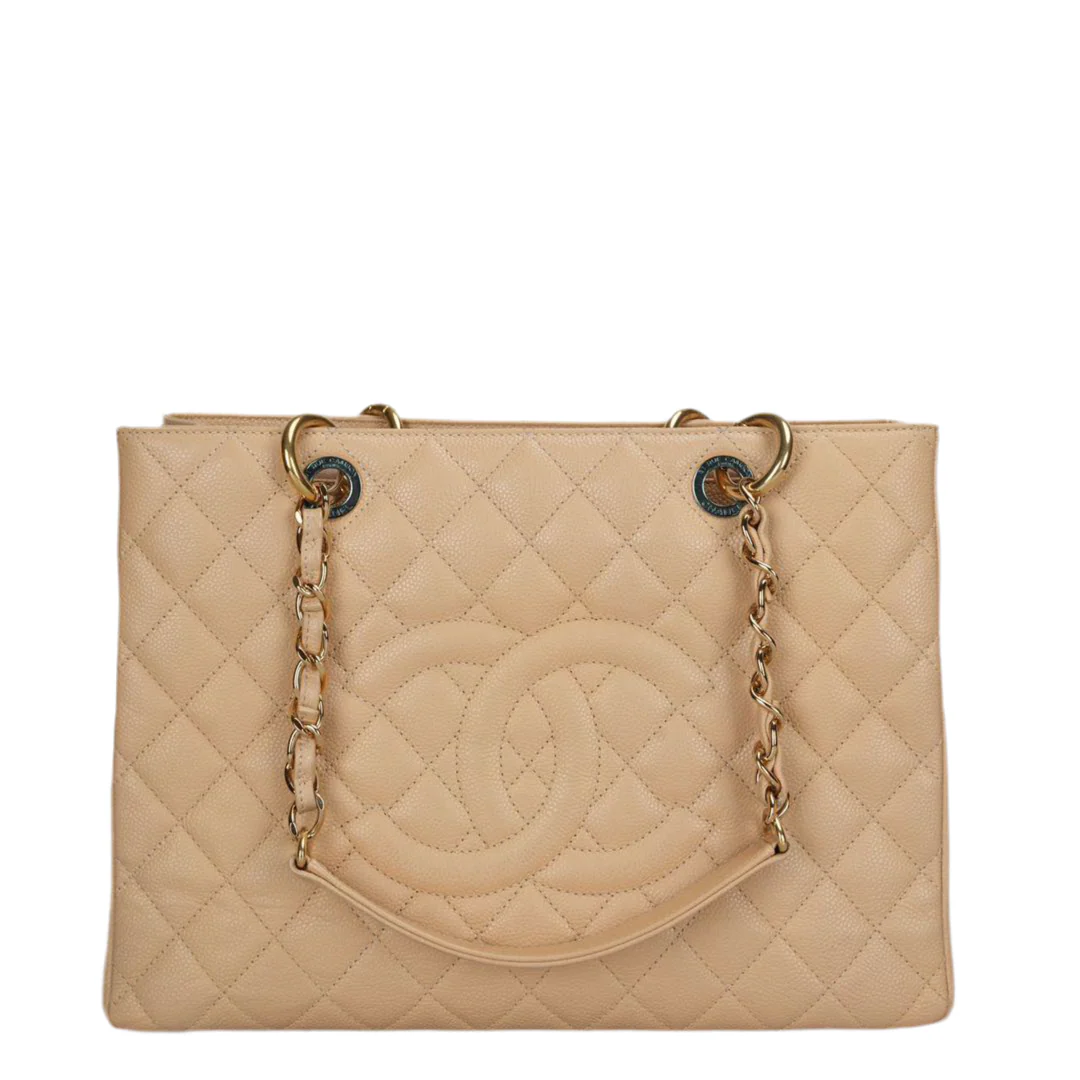 used-Chanel beige Grand Shopping Tote Beige GST Bag in Caviar Leather with Gold Hardware-MILOURA