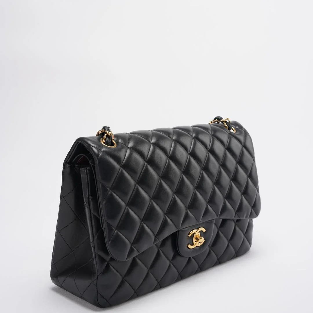 Chanel Timeless Classic Flap  Bag Black Jumbo Quilted Leather Gold Hardware  Side