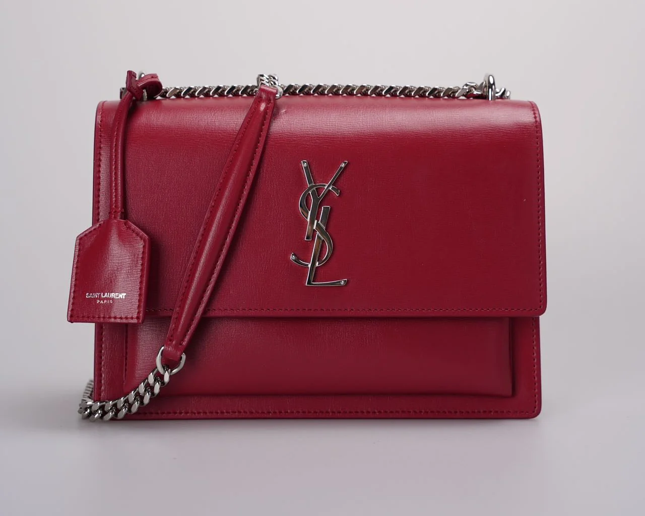 used-saint Laurent Calfskin Medium Monogram Sunset shoulder bag in Rouge-MILOURA