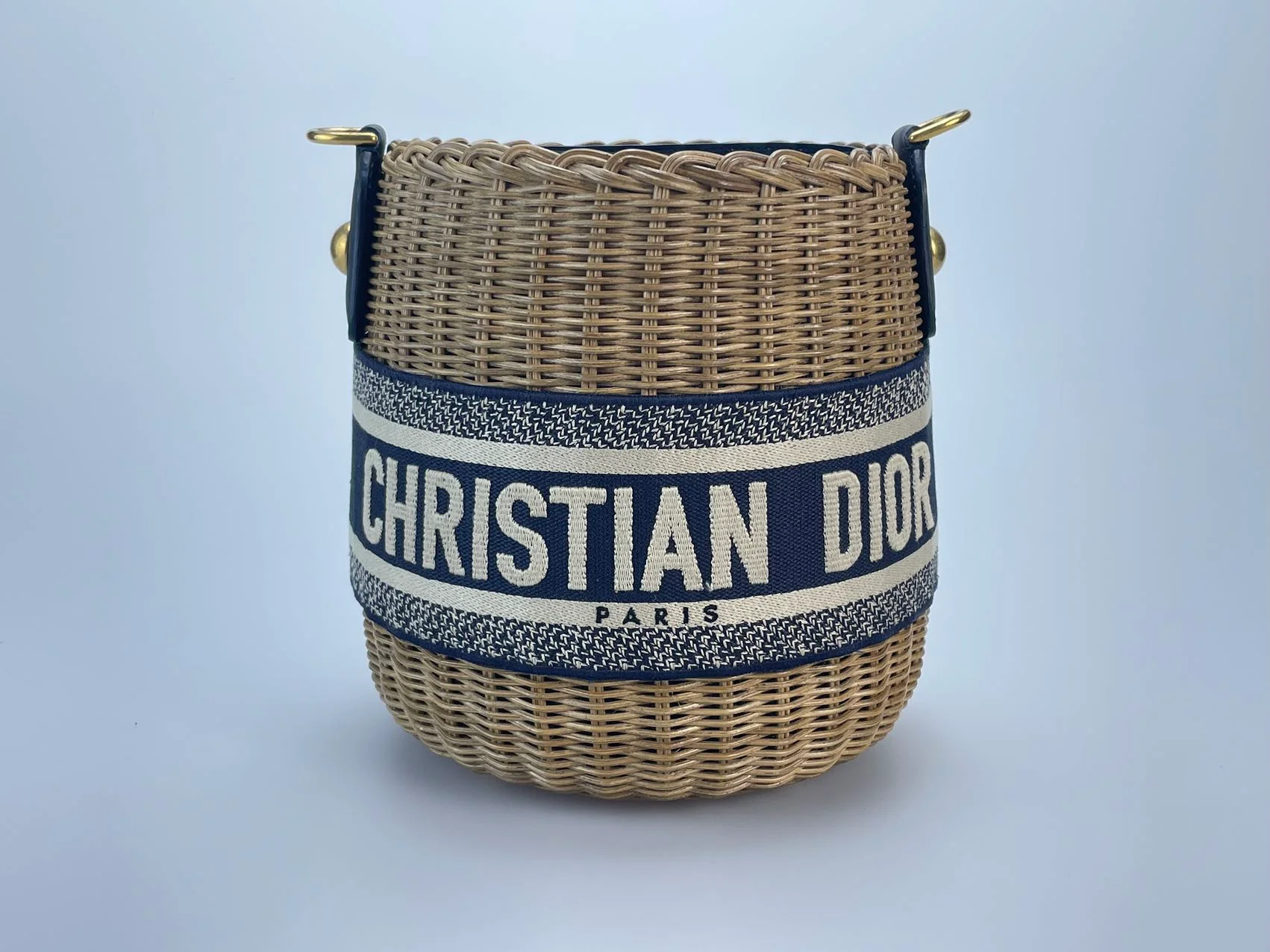 used-Dior Dioriviera Bucket Bag in Wicker and Blue Canvas With Gold Hardware-MILOURA