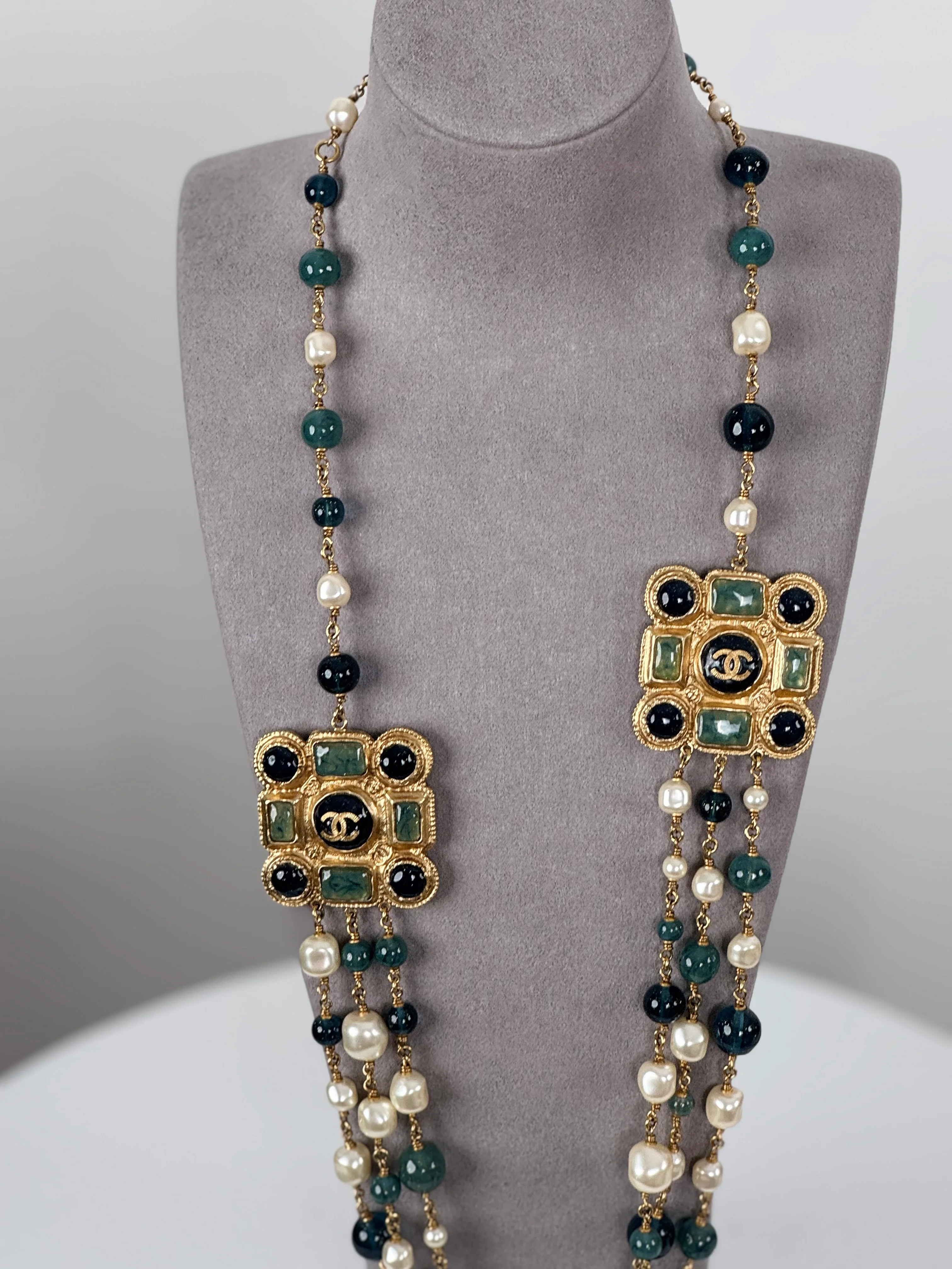 used-Chanel Blue and White Multi-Beads with Two Gold Cabochons Necklace from 2011 collection-MILOURA