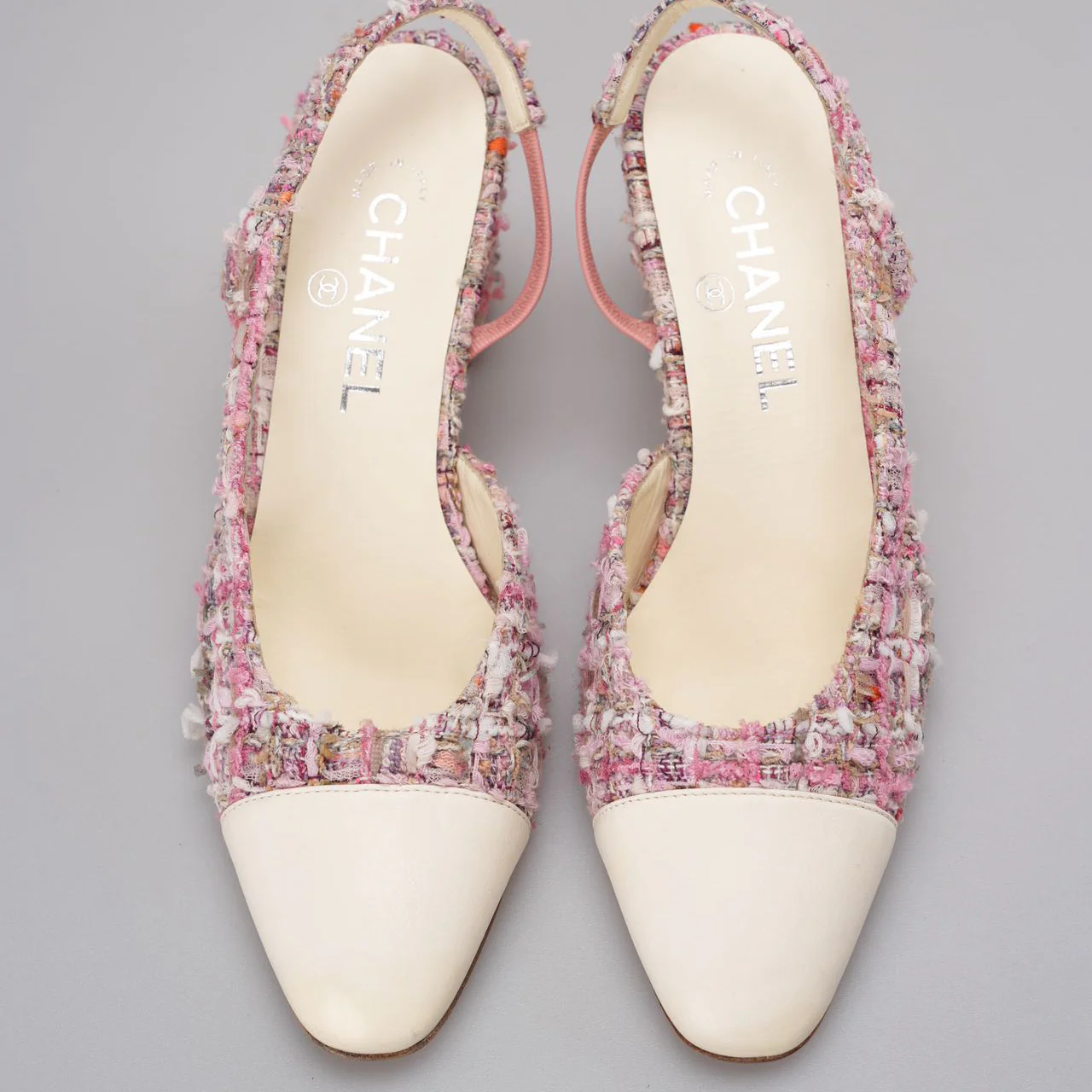 Chanel Pink and White Tweed Slingback Sandals 37.5