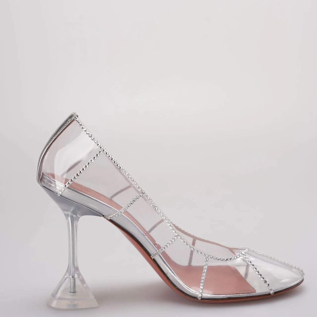 Amina Muaddi Silver Crystal Embellished PVC Kitty Glass Pumps Size 38