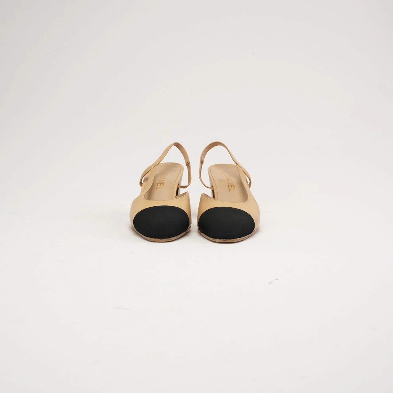Chanel Beige /Black Cap Toe CC Slingback Pumps Size 39