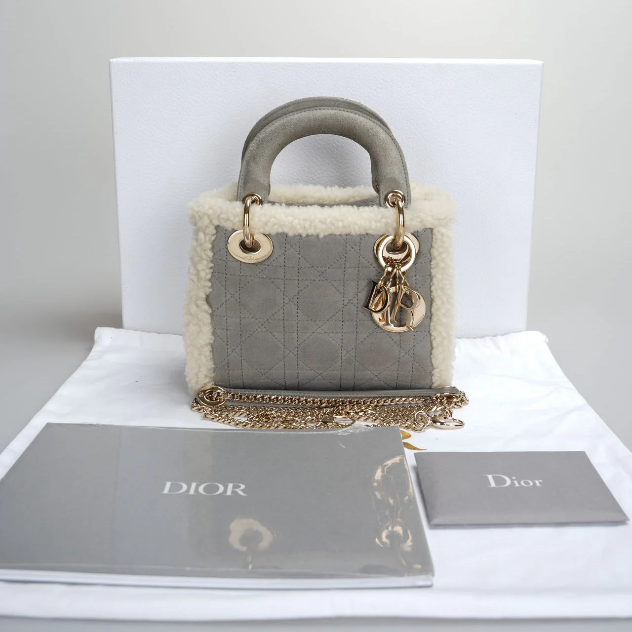 used-Christian Dior Lady Dior Pre-Owned 2020 Mini Suede Shearling Cannage Lady Dior satchel-MILOURA
