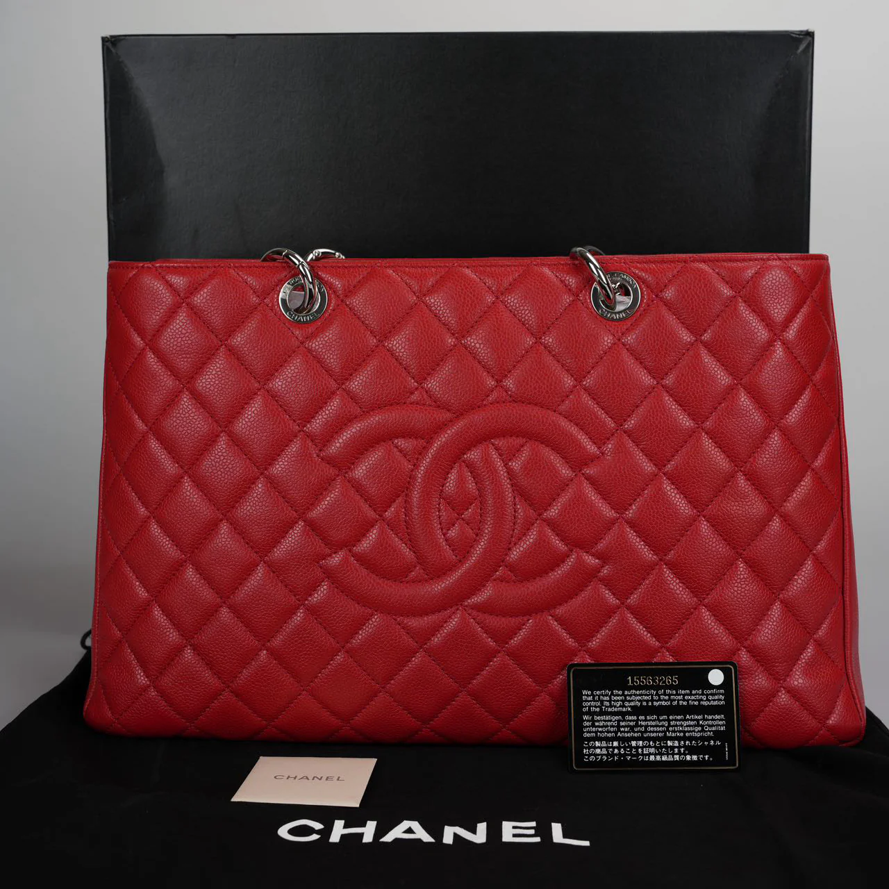 used-Chanel Large Grand Shopping Tote Red GST Bag in Caviar Leather with Silver Hardware XL size-MILOURA
