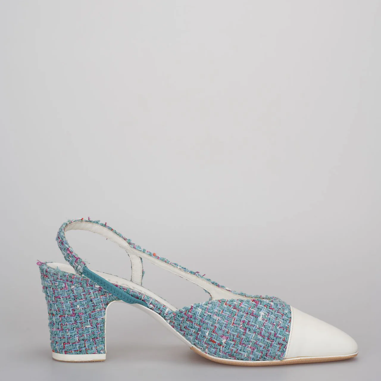 used-Chanel tweed slingback Tiffany blue pumps 38-MILOURA