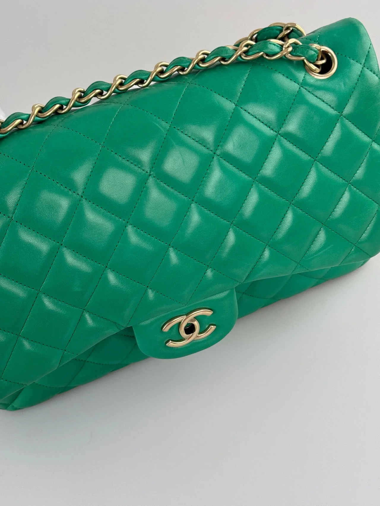 used-Chanel timeless Flap Bag Jumbo Green with Gold Hardware-MILOURA