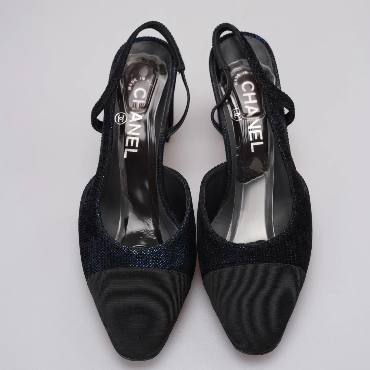 used-Chanel CC Logo Black / Blue Leather Slingback Pumps Size 38.5-MILOURA