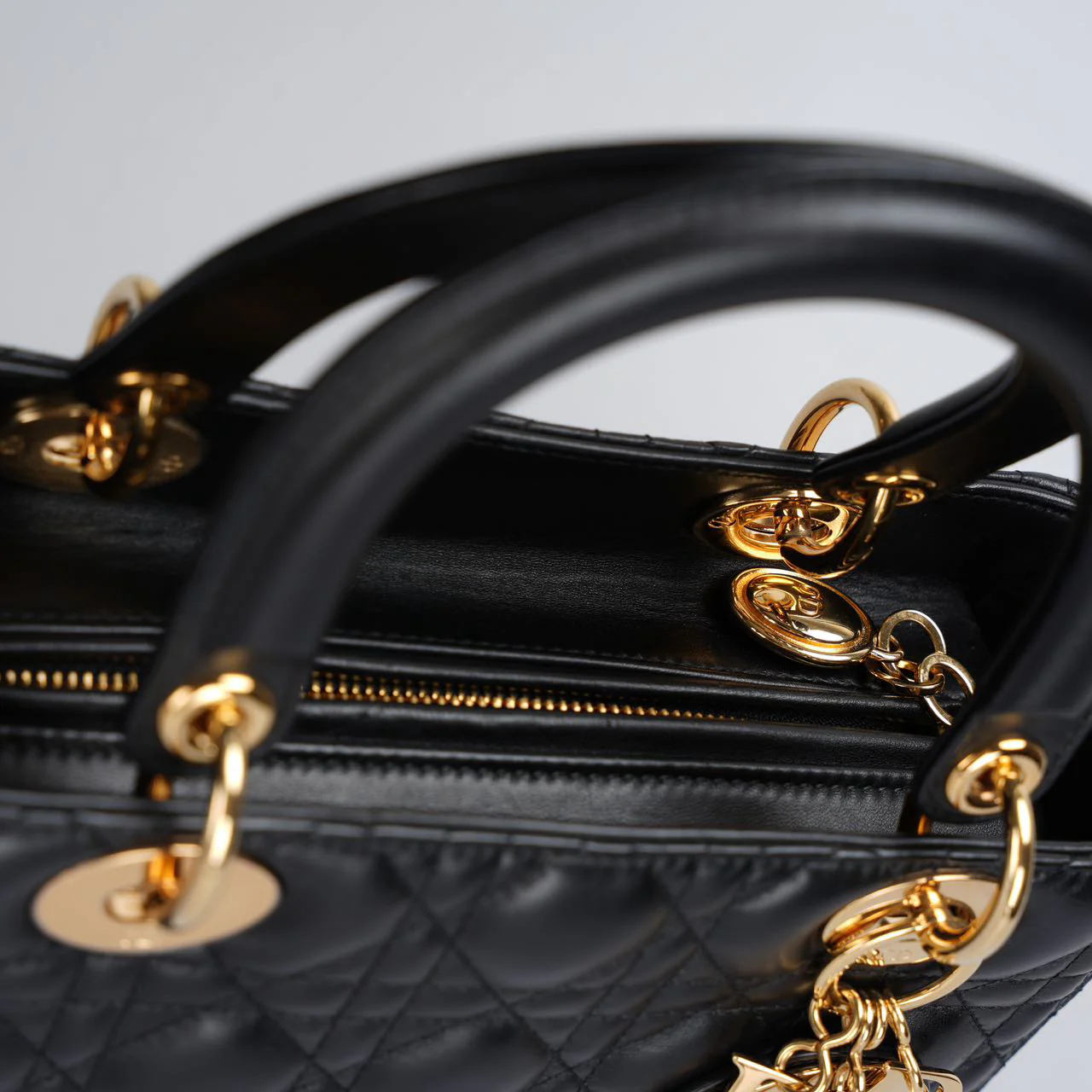 used-Christian Dior Black Medium Lady Dior Bag in Cannage Lambskin Leather with Gold Hardware-MILOURA