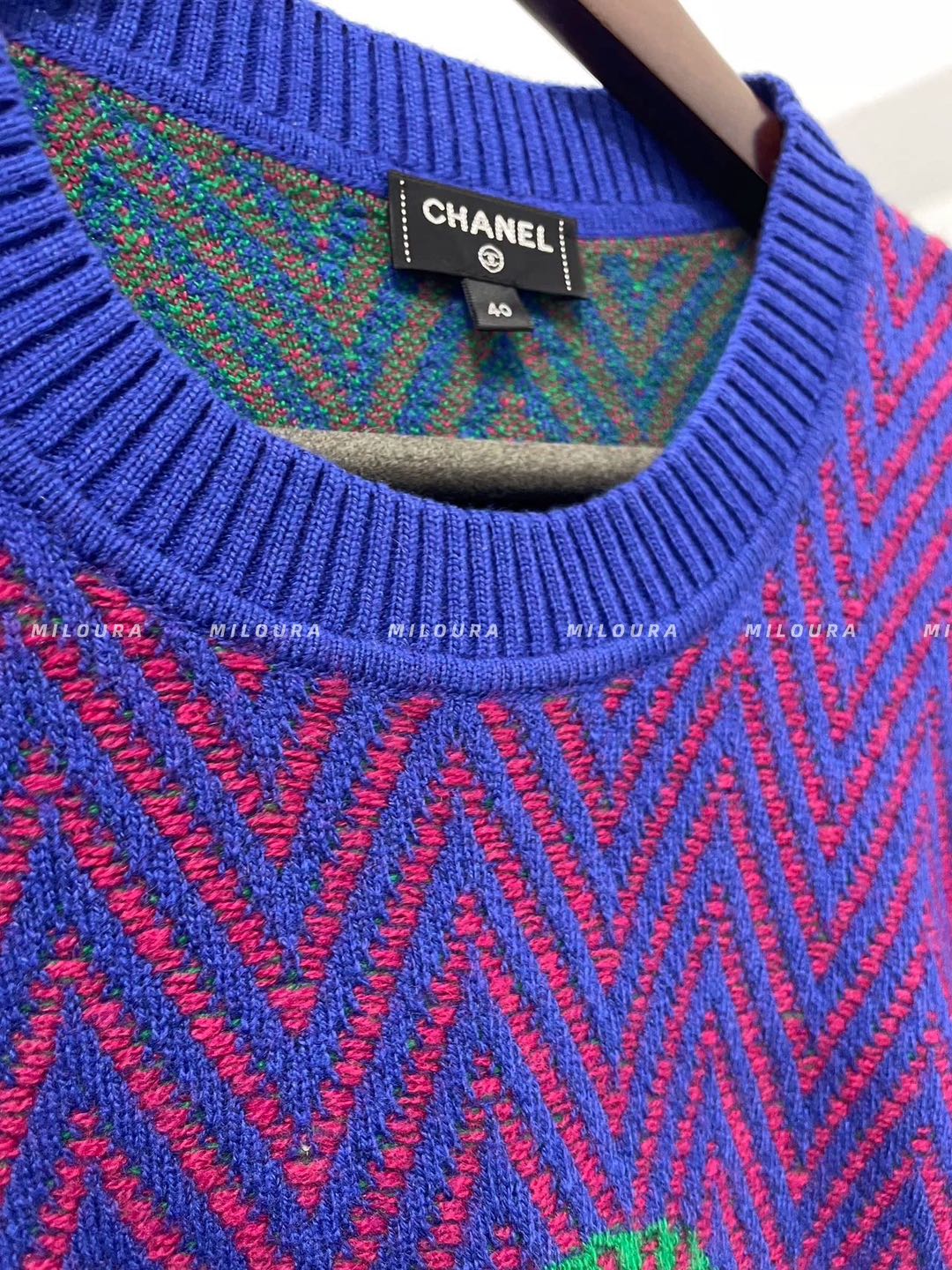 used-CHANEL 100% cashmere blue red chevron green CC logo crystal brooch dress FR40-MILOURA