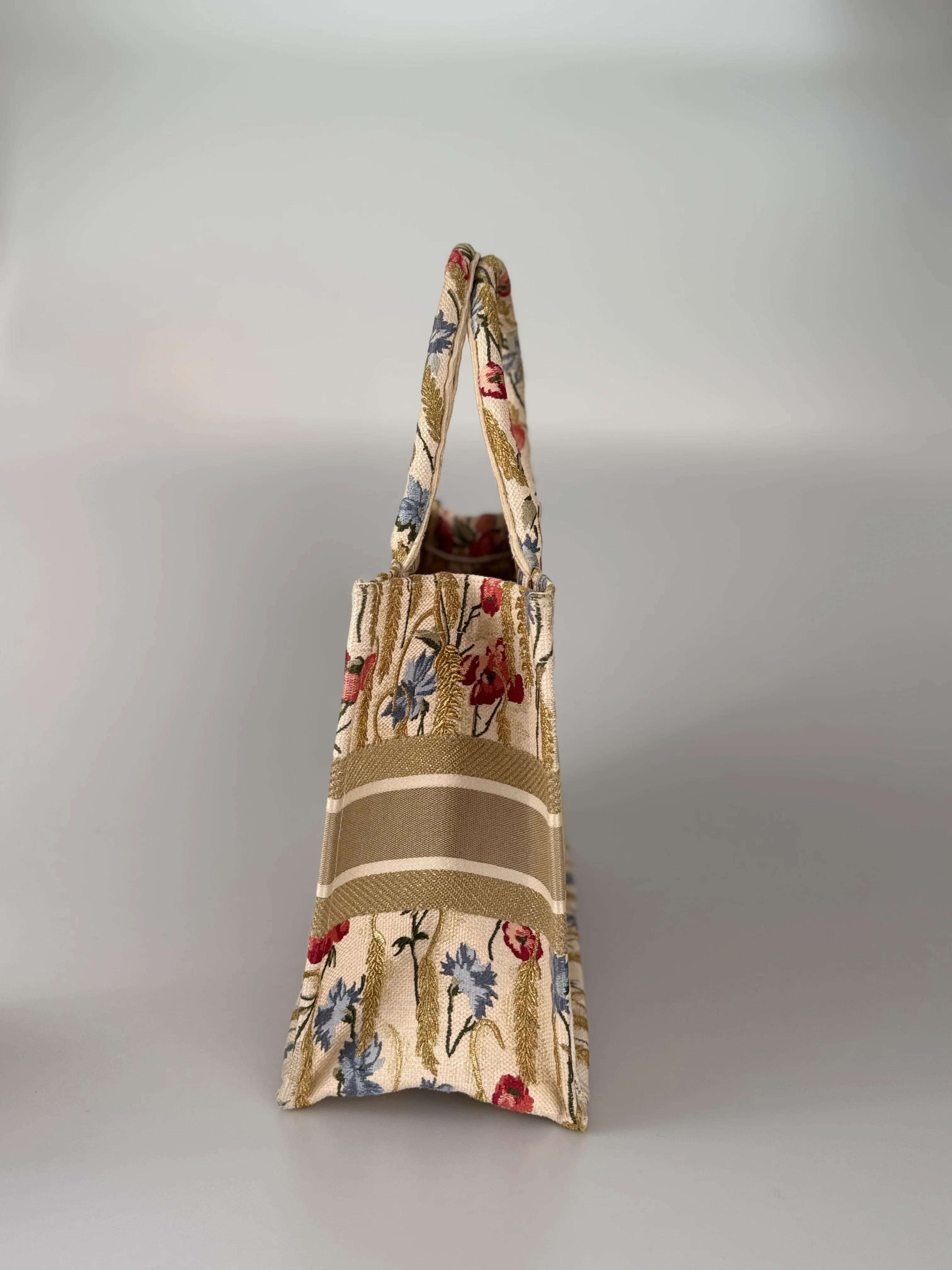 used-CHRISTIAN DIOR Beige Floral Embroidered Canvas Book Tote Medium-MILOURA