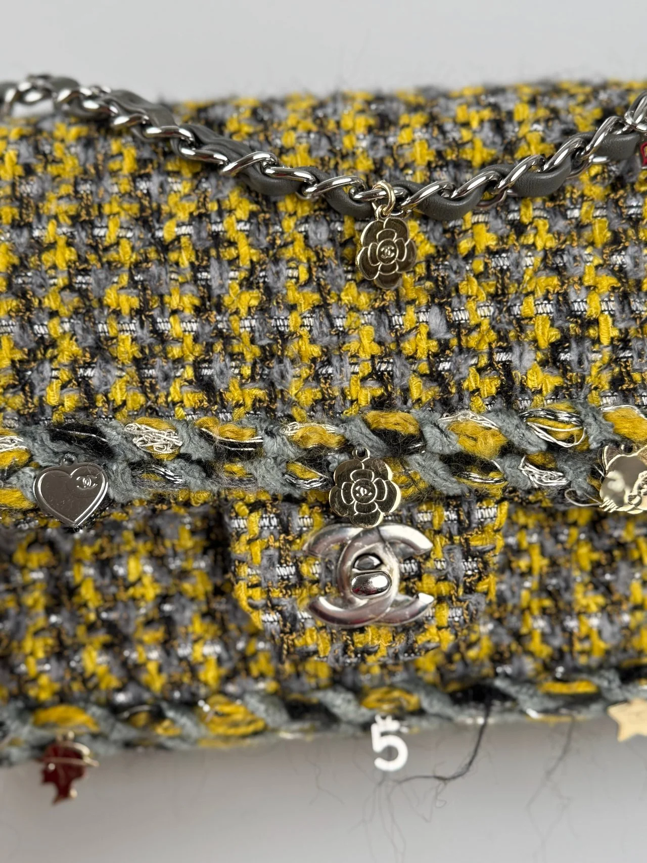 used-Chanel Tweed Braided Charms medium Flap Bag Yellow Grey Black-MILOURA