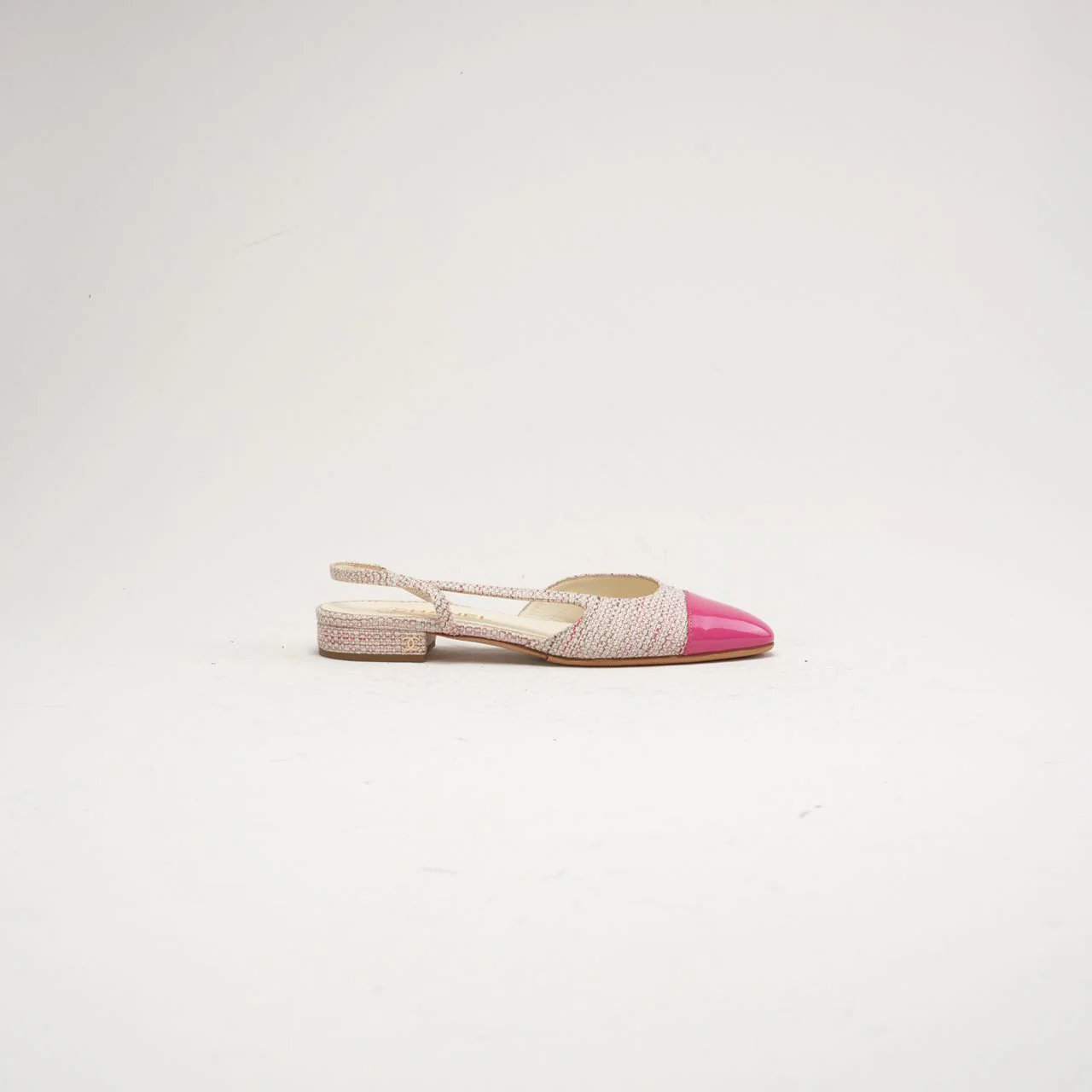 Chanel Pink CC Logo Tweed Leather Slingback Flats Size 38 C