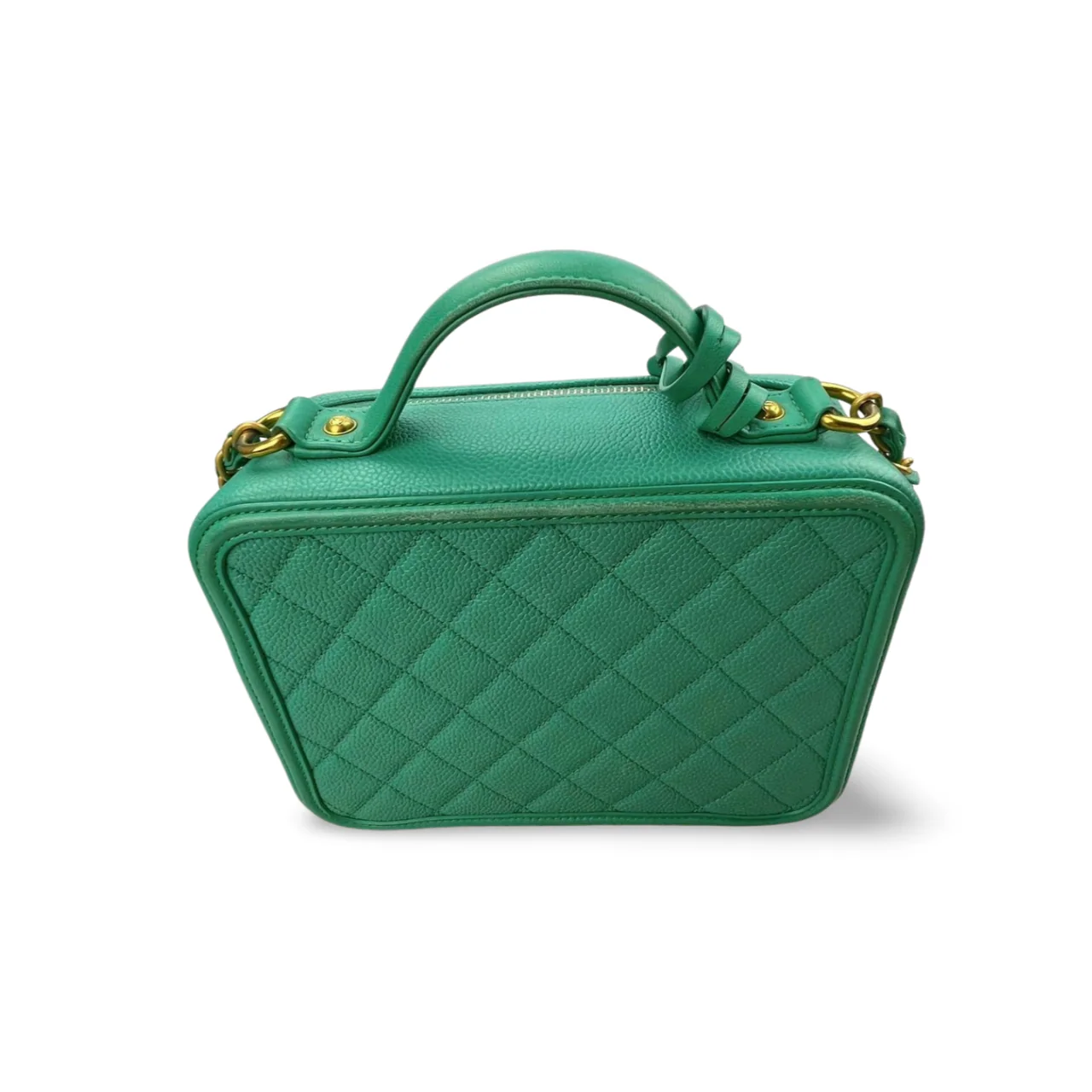 used-Chanel Vanity Case Bag in Caviar Leather Brushed Gold Hardware Mint Green Medium-MILOURA