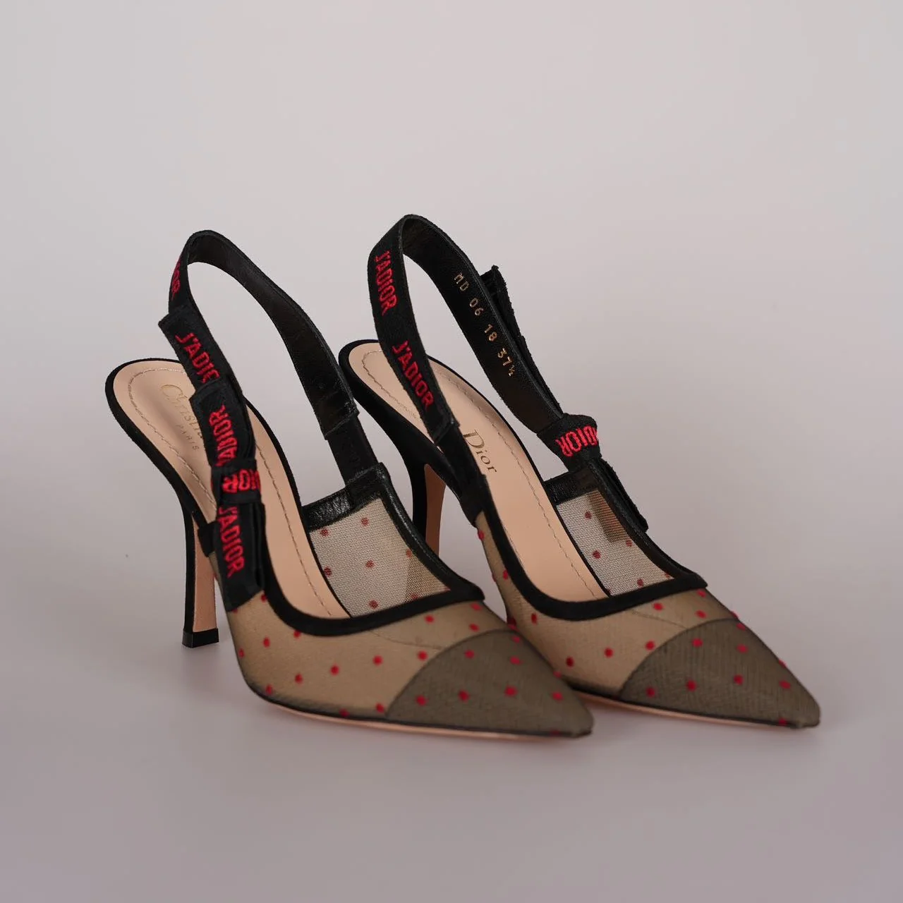 used-Christian Dior Mesh Plumetis Suede J'Adior Slingback 8cm Pumps 37.5 Beige/Black-MILOURA