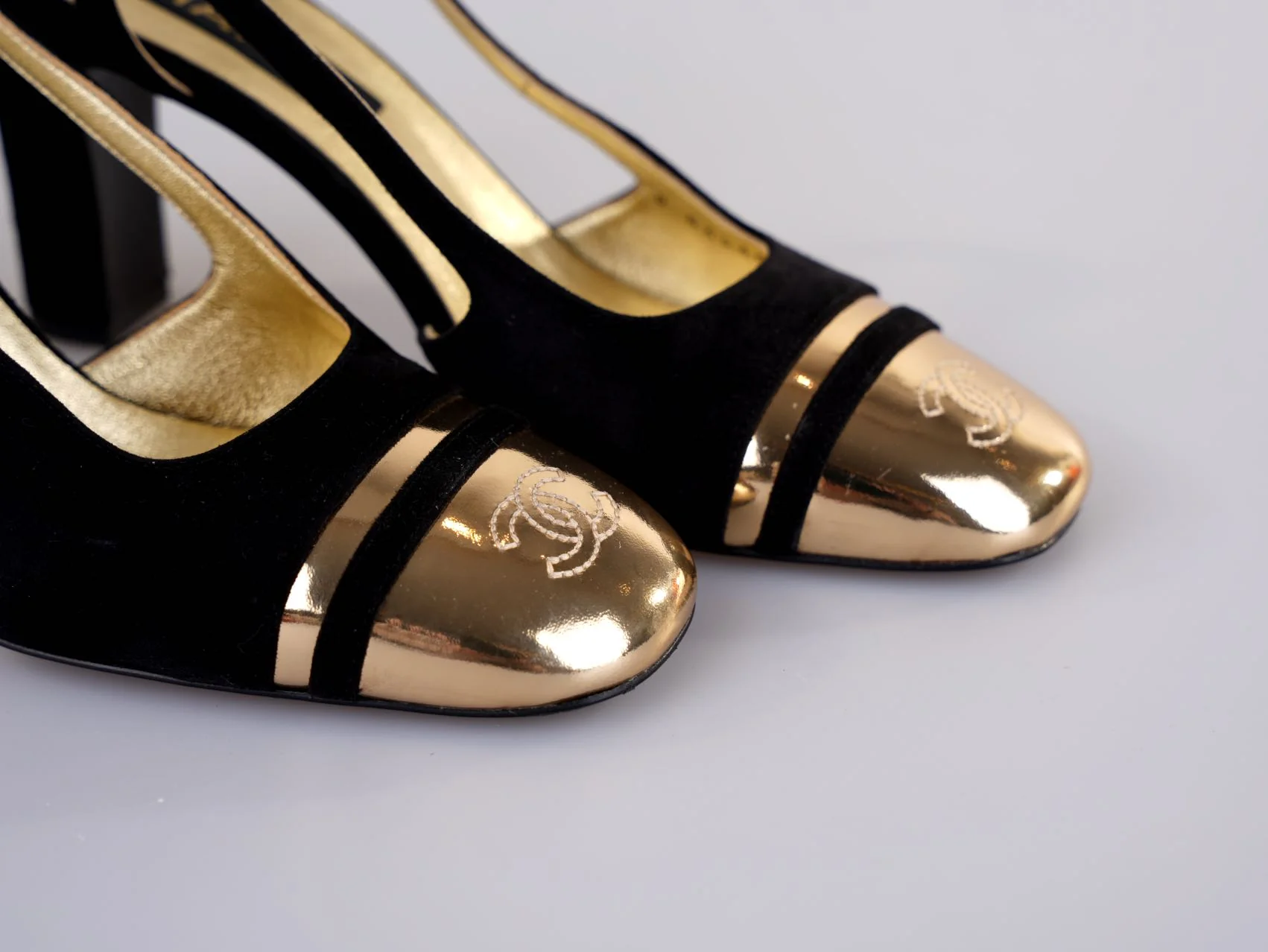 used-Chanel CC Slingback Heels Black Gold Size 37.5 EU-MILOURA