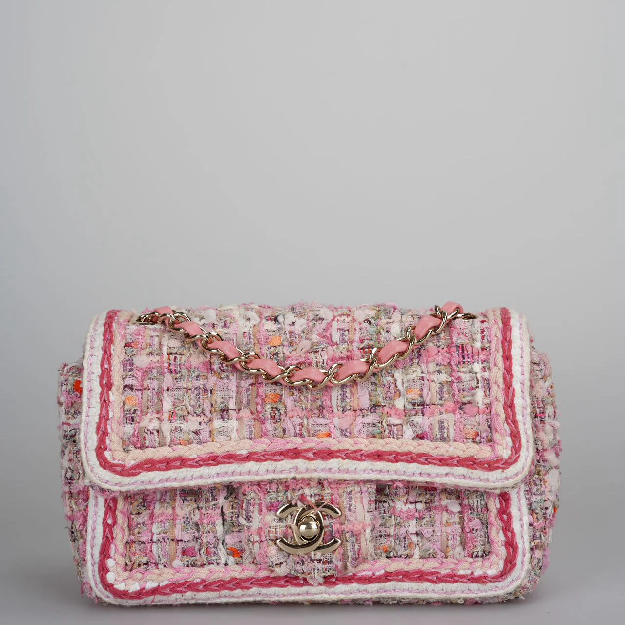 used-Chanel Timeless Tweed Mini Flap Bag in White and Pink With Gold Hardware-MILOURA