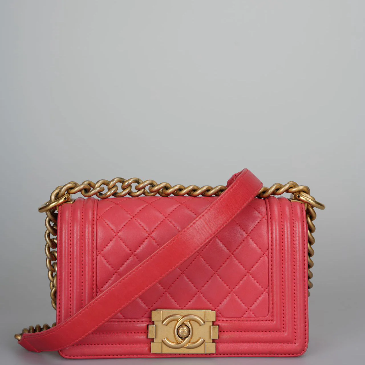 used-Chanel Lambskin Quilted Small Boy Flap Bag in Pink with Gold Hardware-MILOURA