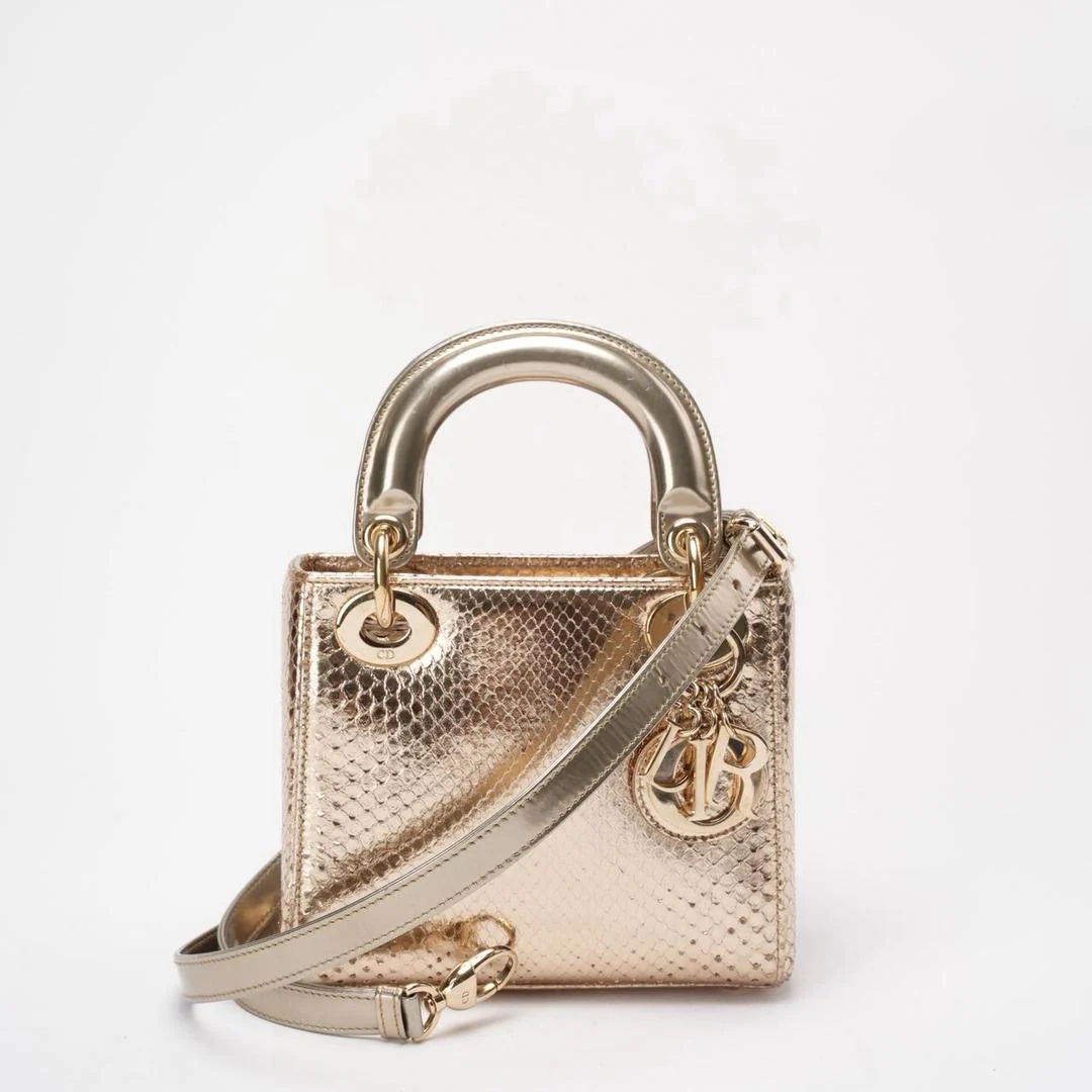 Dior Mini Lady Dior Bag Gold in Python Leather with Gold Hardware on