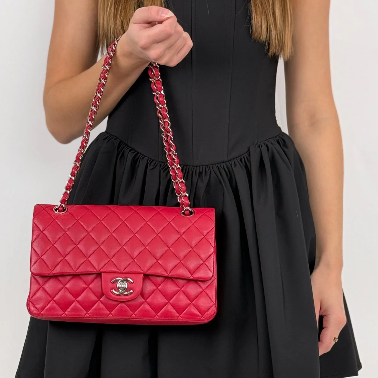 used-Chanel timeless red Medium Lambskin Flap Bag-MILOURA