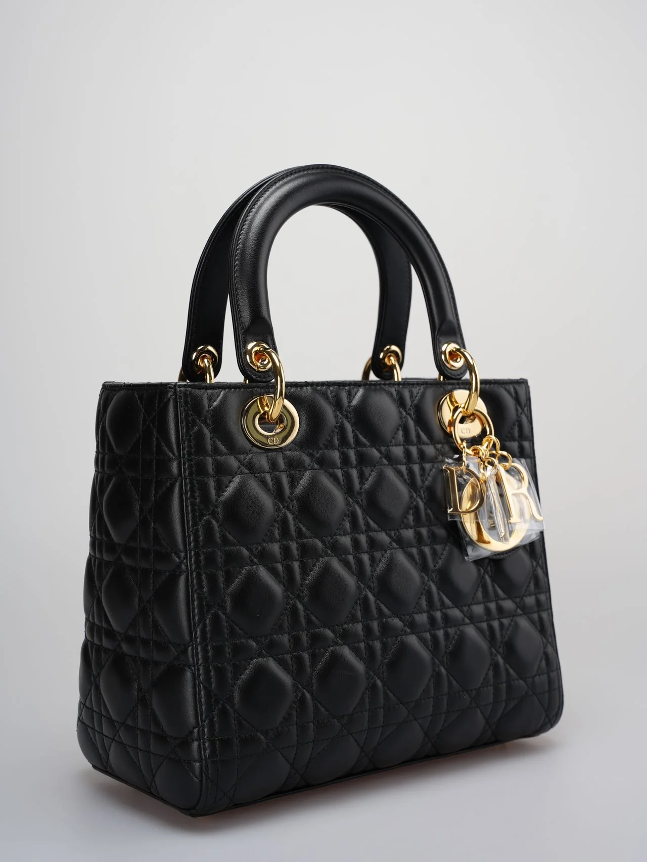 used-Christian Dior Black Lady Dior Bag Medium in Cannage Lambskin Leather with Gold Hardware-MILOURA
