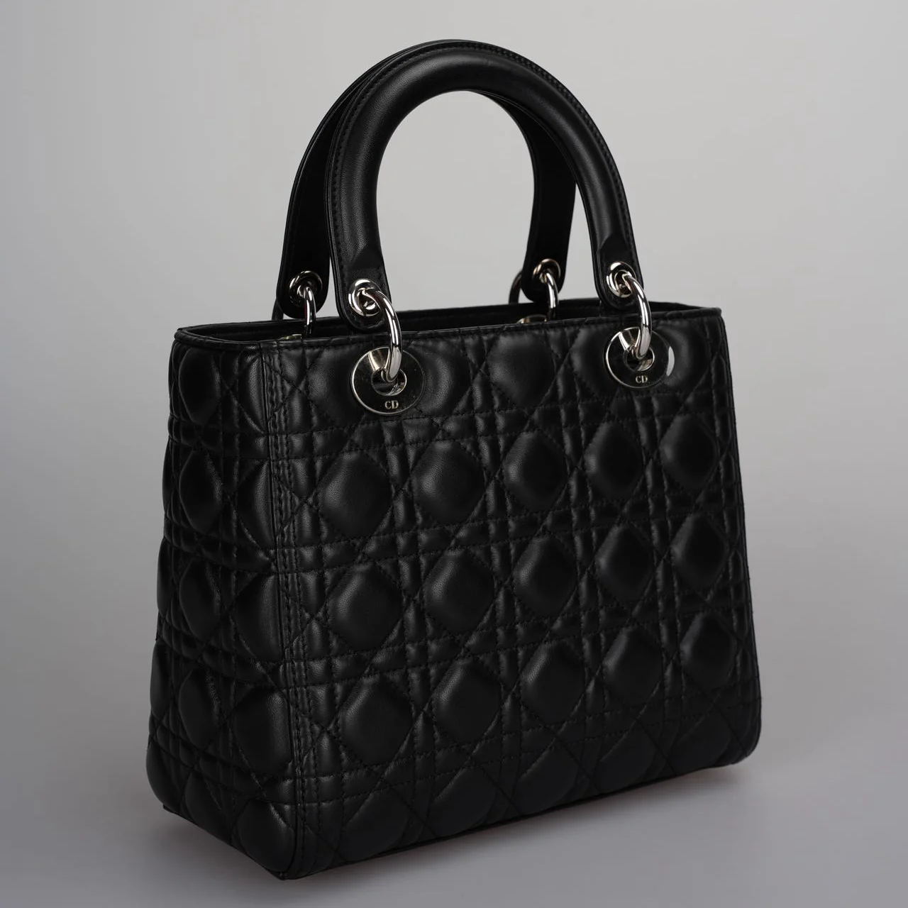 used-Christian Dior Black Medium Lady Dior Bag in Cannage Lambskin Leather with Silver Hardware-MILOURA