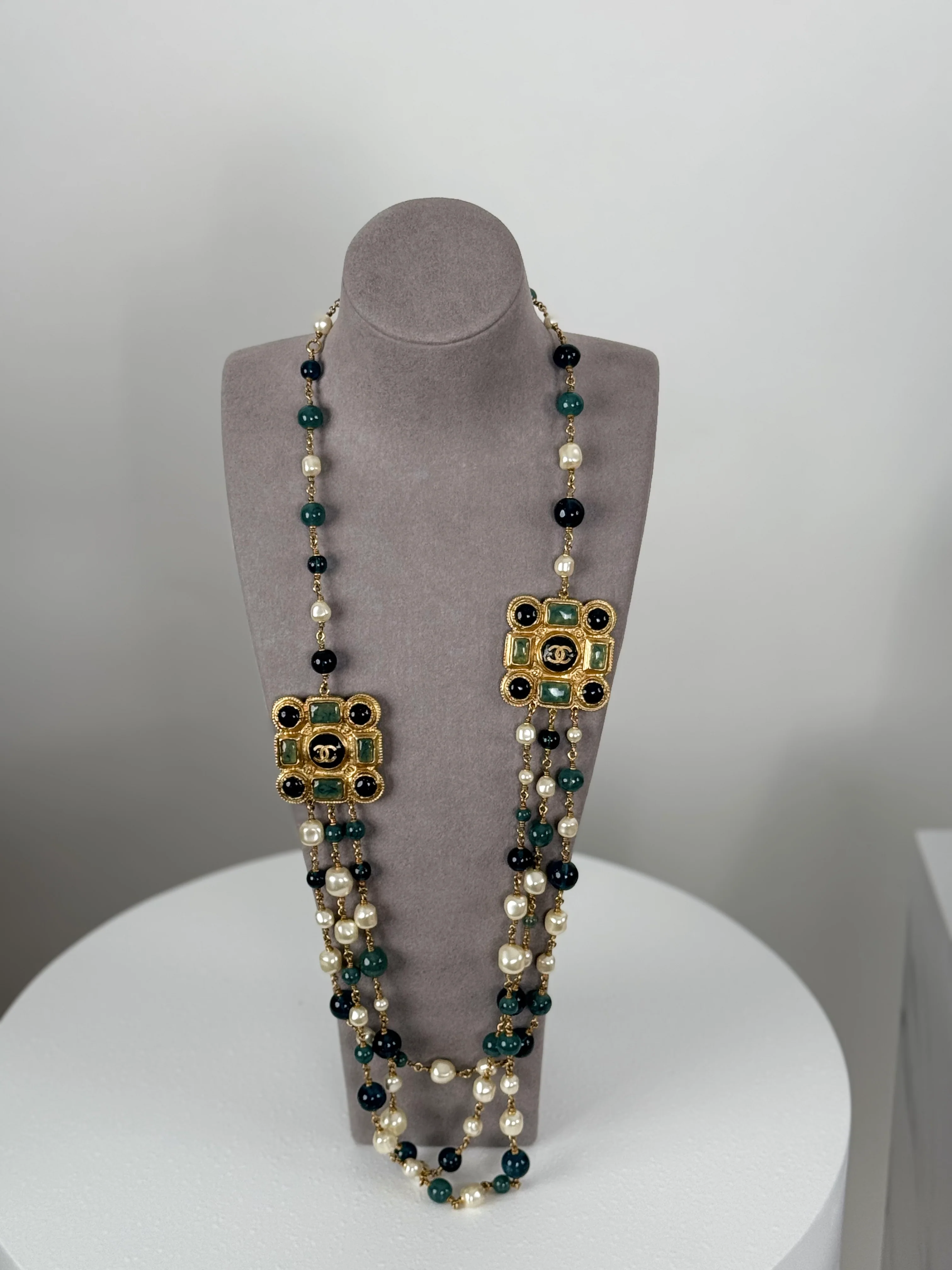 used-Chanel Blue and White Multi-Beads with Two Gold Cabochons Necklace from 2011 collection-MILOURA