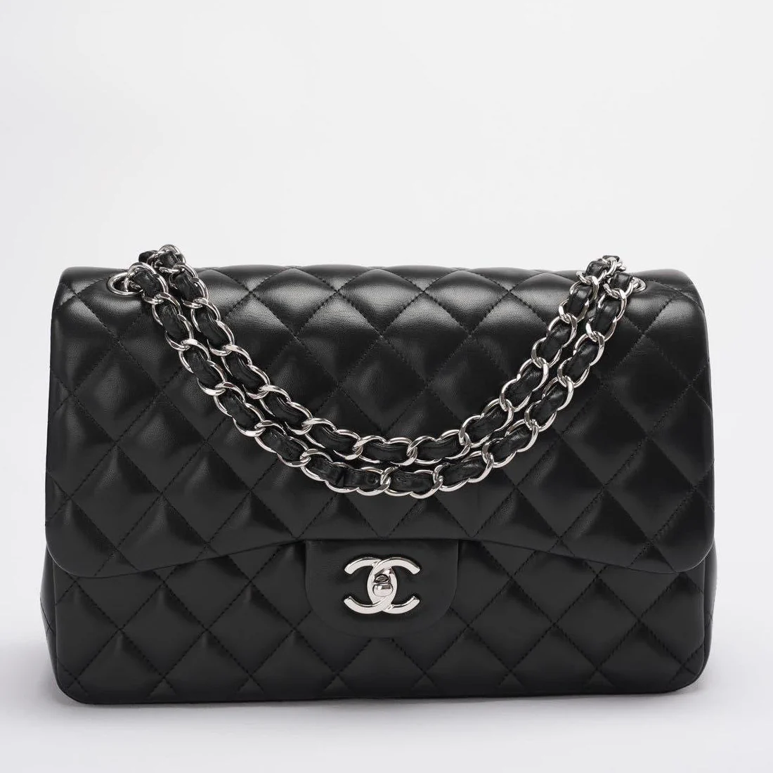 Chanel Classis Flap Bag Lambskin Black Bag Jumbo in Silver Hardware front