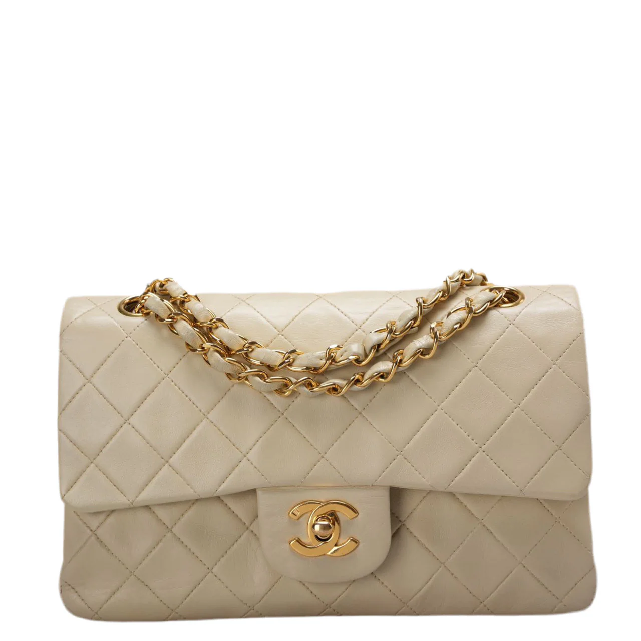used-Chanel Vintage Beige Quilted Leather small timeless Double Flap Bag with 24K Gold Hardware-MILOURA