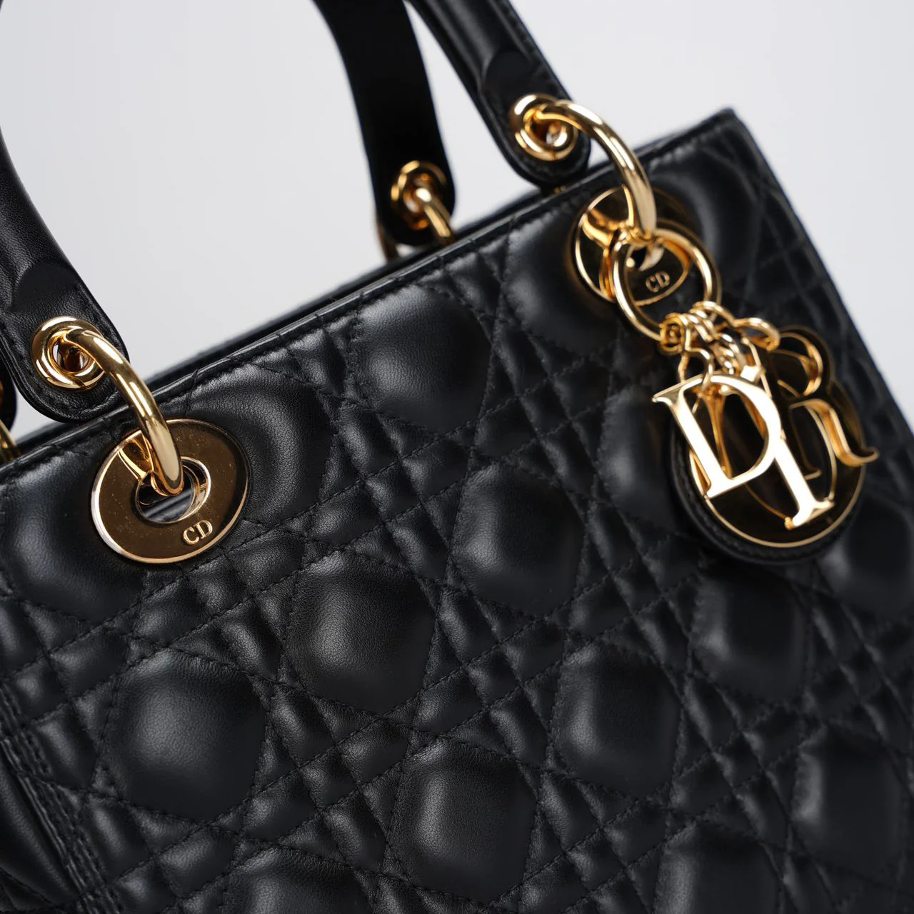 used-Christian Dior Black Medium Lady Dior Bag in Cannage Lambskin Leather with Gold Hardware-MILOURA