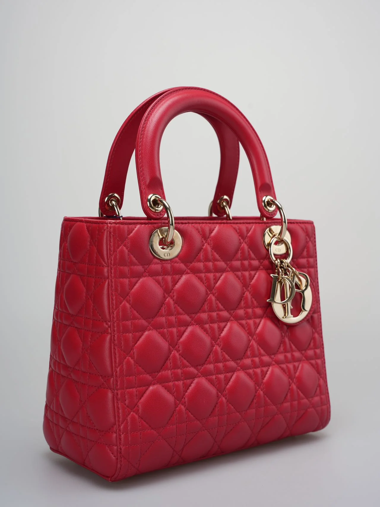 used-Christian Dior Red Medium Lady Dior Bag in Cannage Lambskin Leather with Gold Hardware-MILOURA