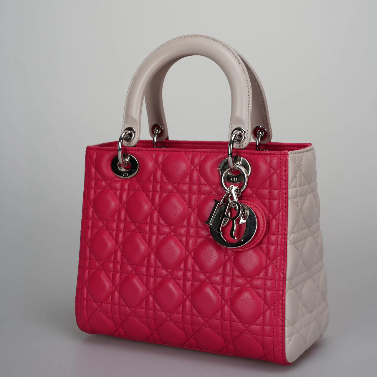 used-Christian Dior Lady Dior Bag Cannage Medium Hand Bag Lamb Skin Red White-MILOURA