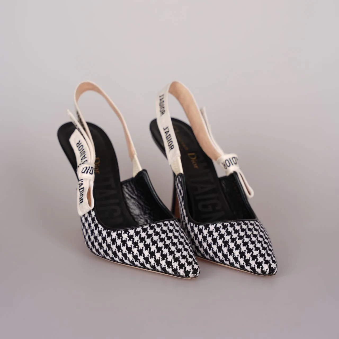 used-Christian Dior Wool Ribbon Houndstooth J'Adior Slingback 8cm Pumps 38D Black White-MILOURA